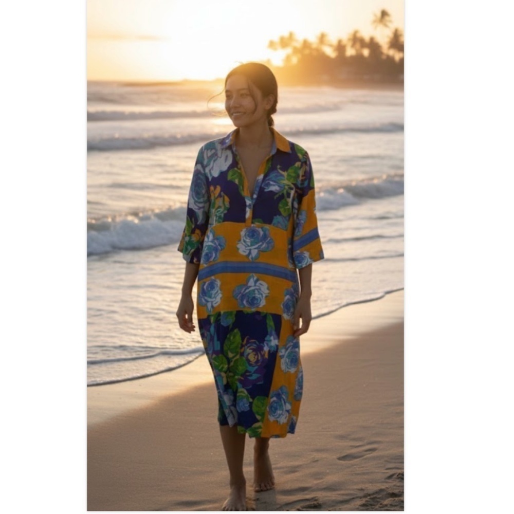 Antica Sartoria Midi Dress S 3/4 Sleeve Beach Cover Floral Resort Boho Artsy